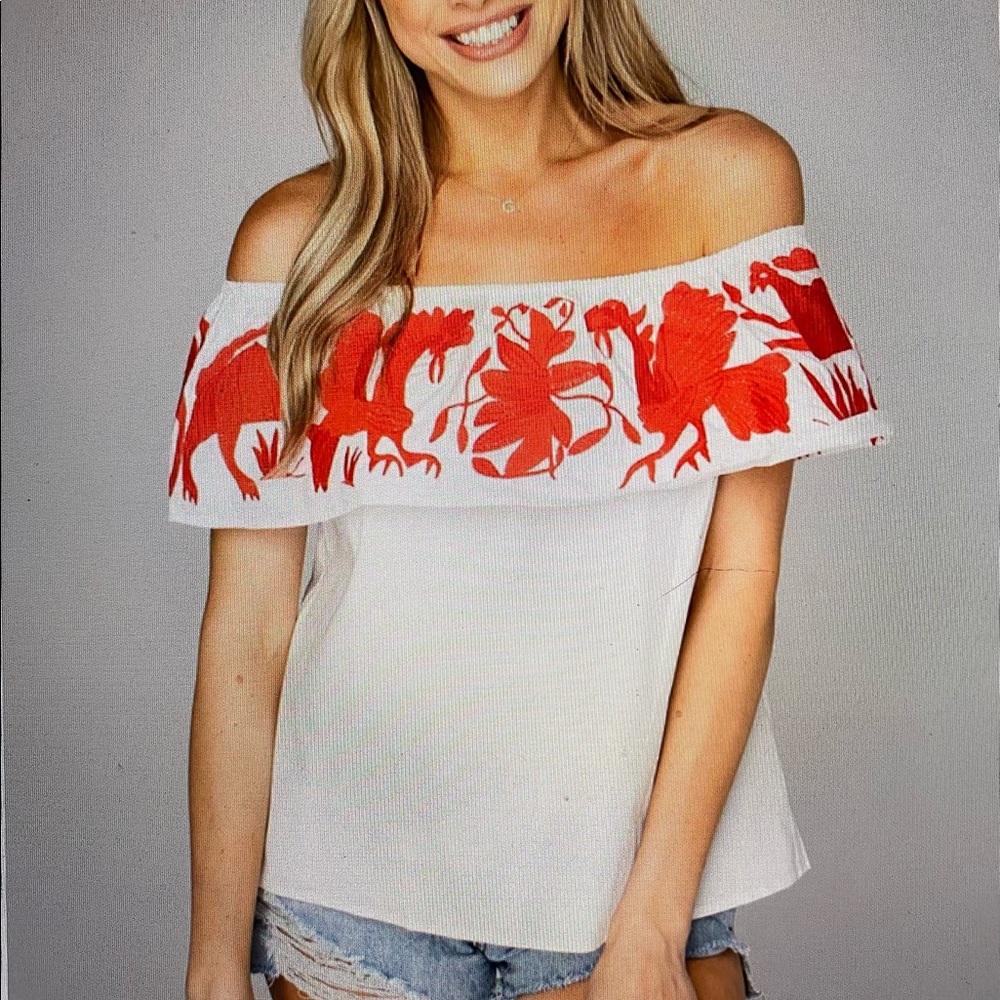 XOXO Ruffled Off the Shoulder Embroidered Top
